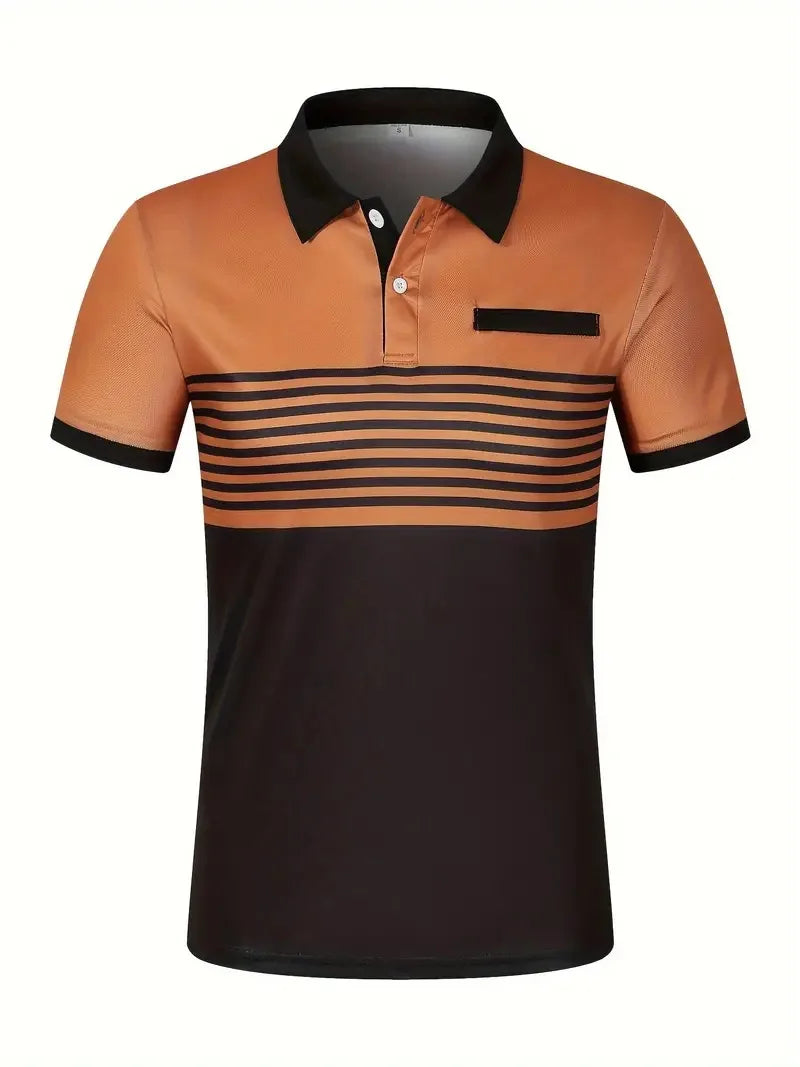 2024 short sleeved summer new item, men's casual polo shirt, V-neck button striped color blocked versatile T-shirt top