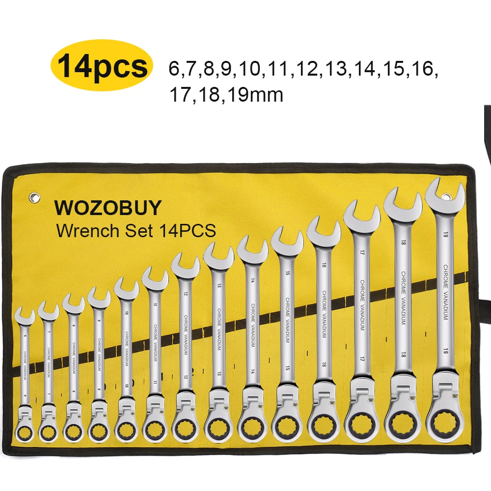 Ratcheting Combination Wrench Set 6-23mm Metric Flex Head Chrome Vanadium Steel