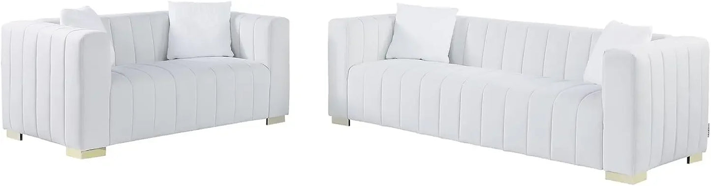 Living Room Furniture Set-2 Piece,Including Loveseat and 3-Seater Sofa Couch with Channel Tufted Velvet Fabric,4 Pillows,White
