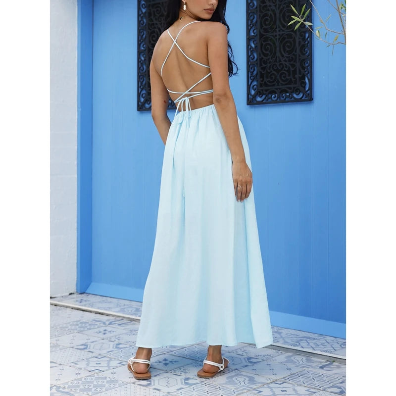 Combhasaki Women Pleated Long Dress Summer Sleeveless Thin Straps Tie-up Front Ruched Bust Backless Flowy Beach A-line Sundress