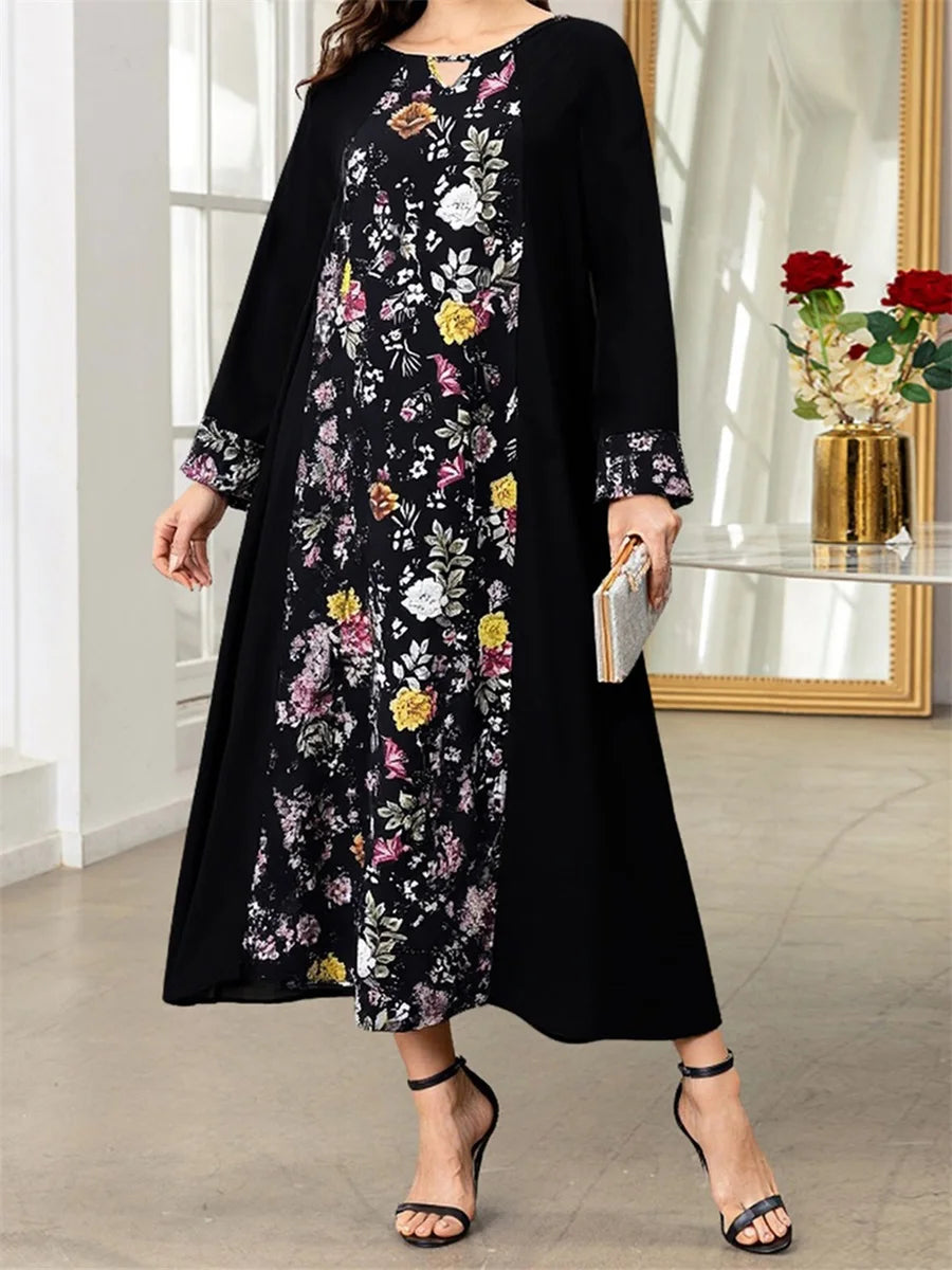 Elegant Floral Print Long Sleeve Round Neck Loose Flowy Maxi Dress with Patchwork Design for Women s Abaya Robe Kaftan