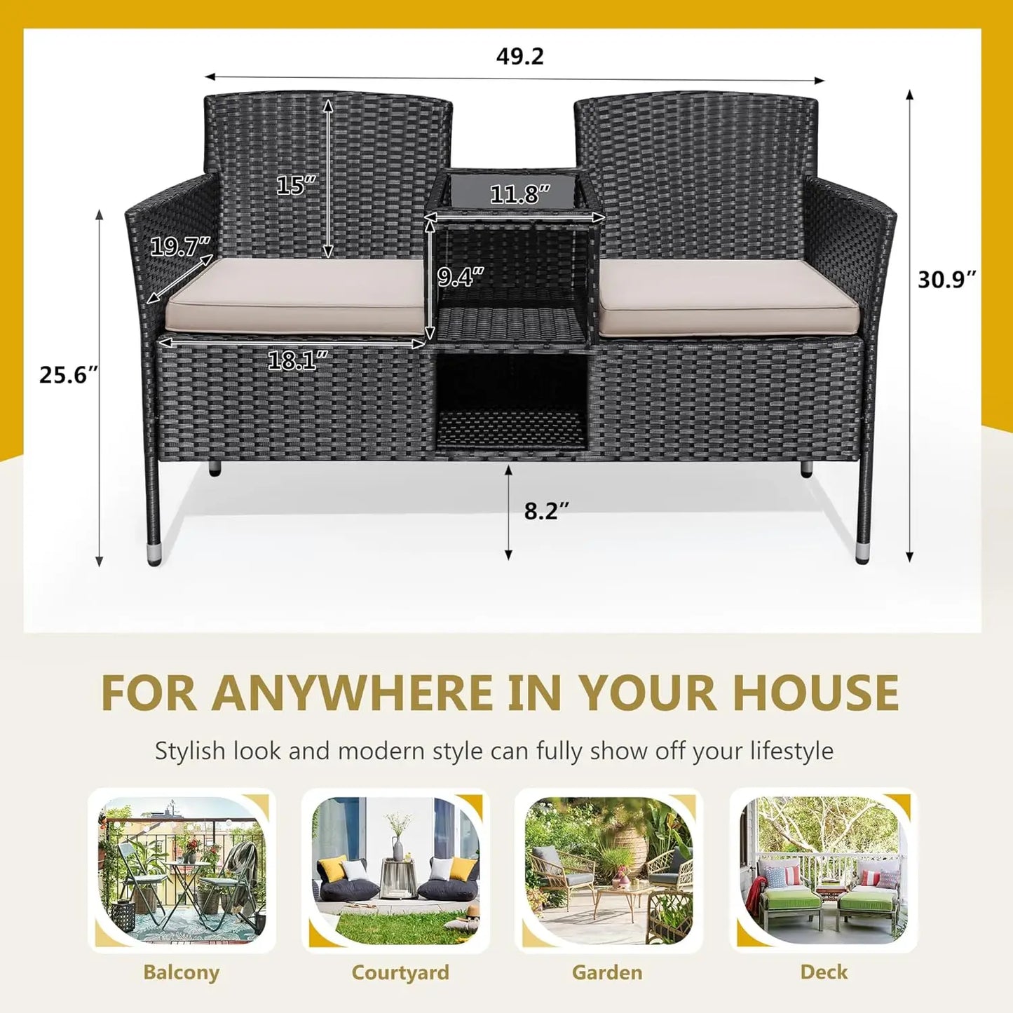 Outdoor Furniture Patio Loveseat Wicker 2-Seat with Built-in Table and Cushions Rattan Porch Chairs Bench for Balcony, Lawn,