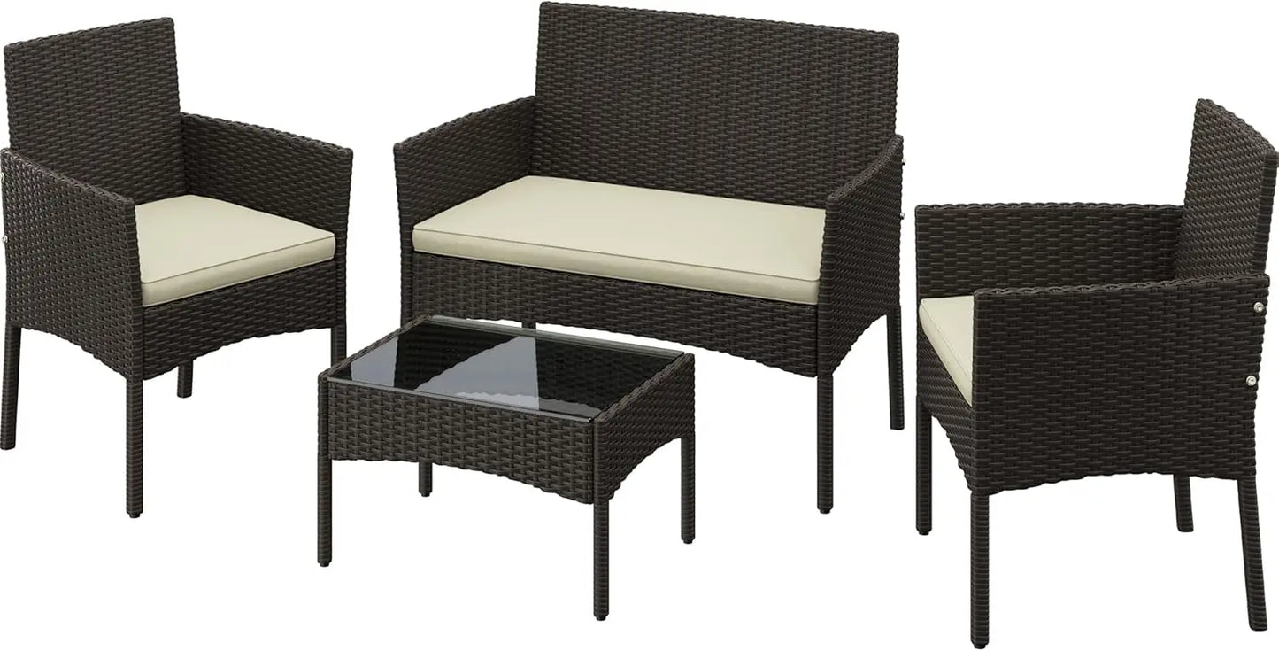 Patio Furniture Set 4 Pieces Conversation Sets, Rattan Chair Wicker Set Loveseat with Soft Cushion and Glass Table