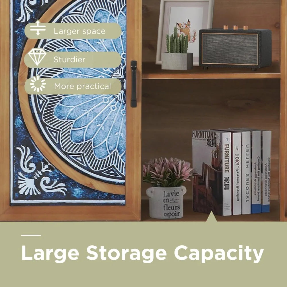 Popular 2-Door Accent Cabinet, Distressed Storage Cabinet with Blue and White Porcelain Pattern for Entryway Living Room