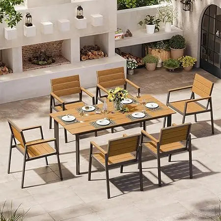 Outdoor Dining Set for 6, Patio Table and Chairs Set with Umbrella Hole, 7 Pieces HDPS Outdoor Furniture Sets for Patio, Garden,