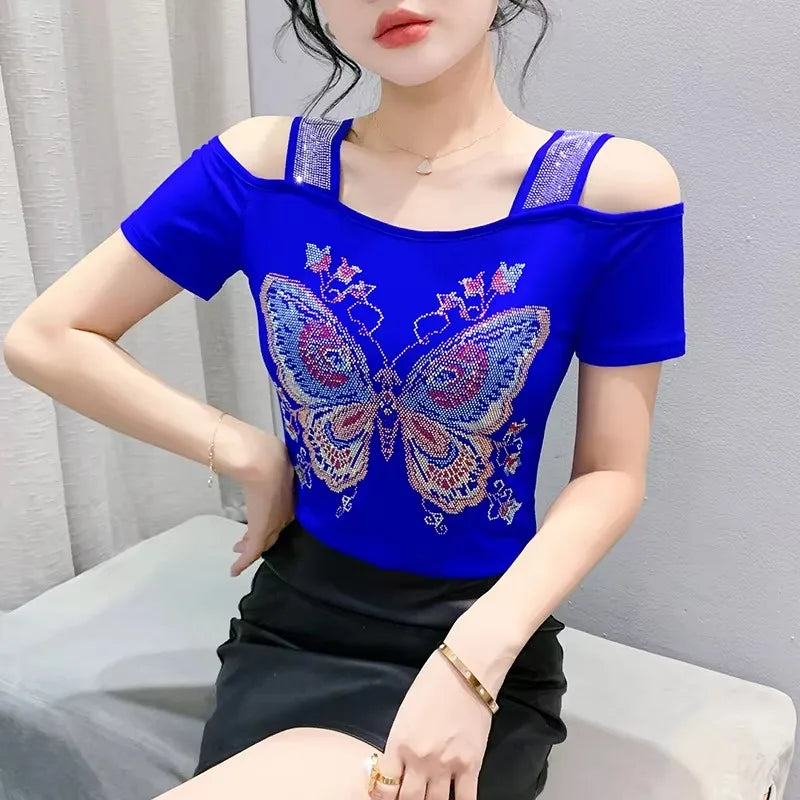 New Ladies Clothes Butterfly Letter Design T-Shirt Sexy Off Shoulder Shiny Diamonds Women Chic Mesh Tops Tees Shirts