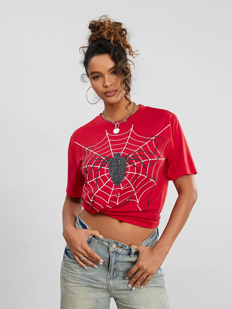 Women Short Sleeve Tops Spider Print Summer T-Shirt Casual Pullovers for Streetwear Aesthetic Grunge Clothes