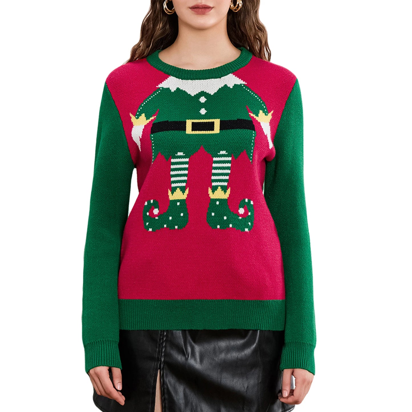 Women s Festive Reindeer Print Christmas Sweater Cozy Crew Neck Knit Pullover Winter Holiday Fashion for Casual Wear
