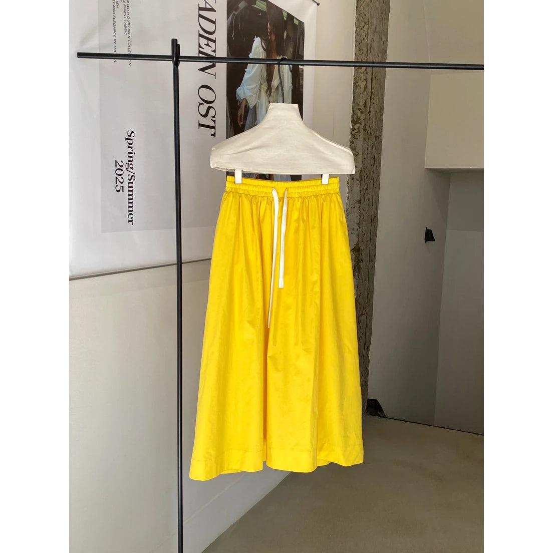Women Elastic Waist Skirts with Drawstring High Waist Casual Yellow Midi Skirt 2025 New In
