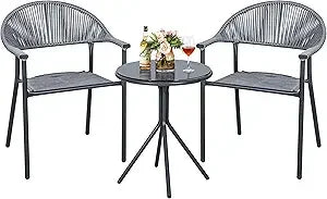 3 Piece Outdoor Patio Bistro Set, Patio Furniture Set for 1 Iron Table and 2 Dining Chairs, Balcony Furniture Patio Table