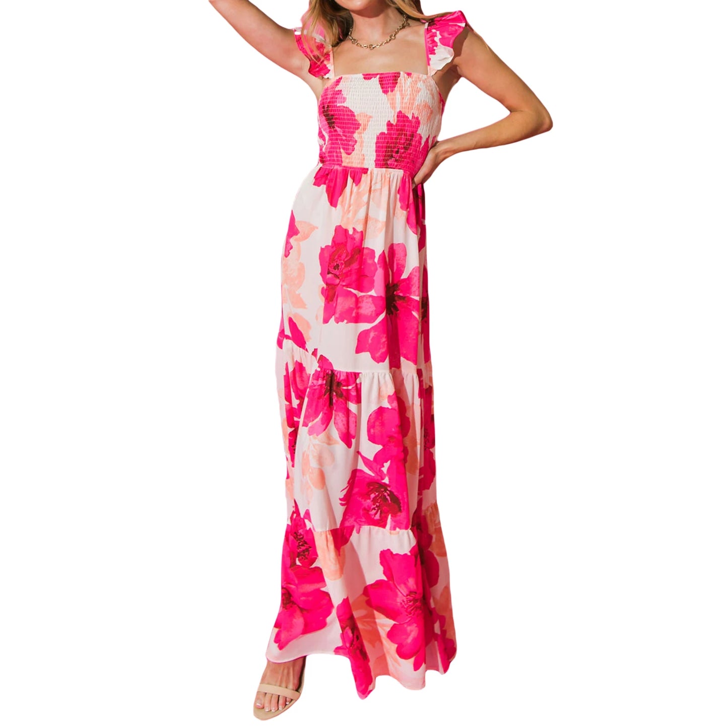 Elegant Floral Print Maxi Dress with Flutter Sleeves Deep V-Neckline and Open Back Design for Women s Summer Beachwear