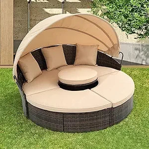 Outdoor Patio Rattan Round Daybed with Retractable Canopy, Wicker Furniture Round Poolside Sofa Sunbed with Removable Cushions (