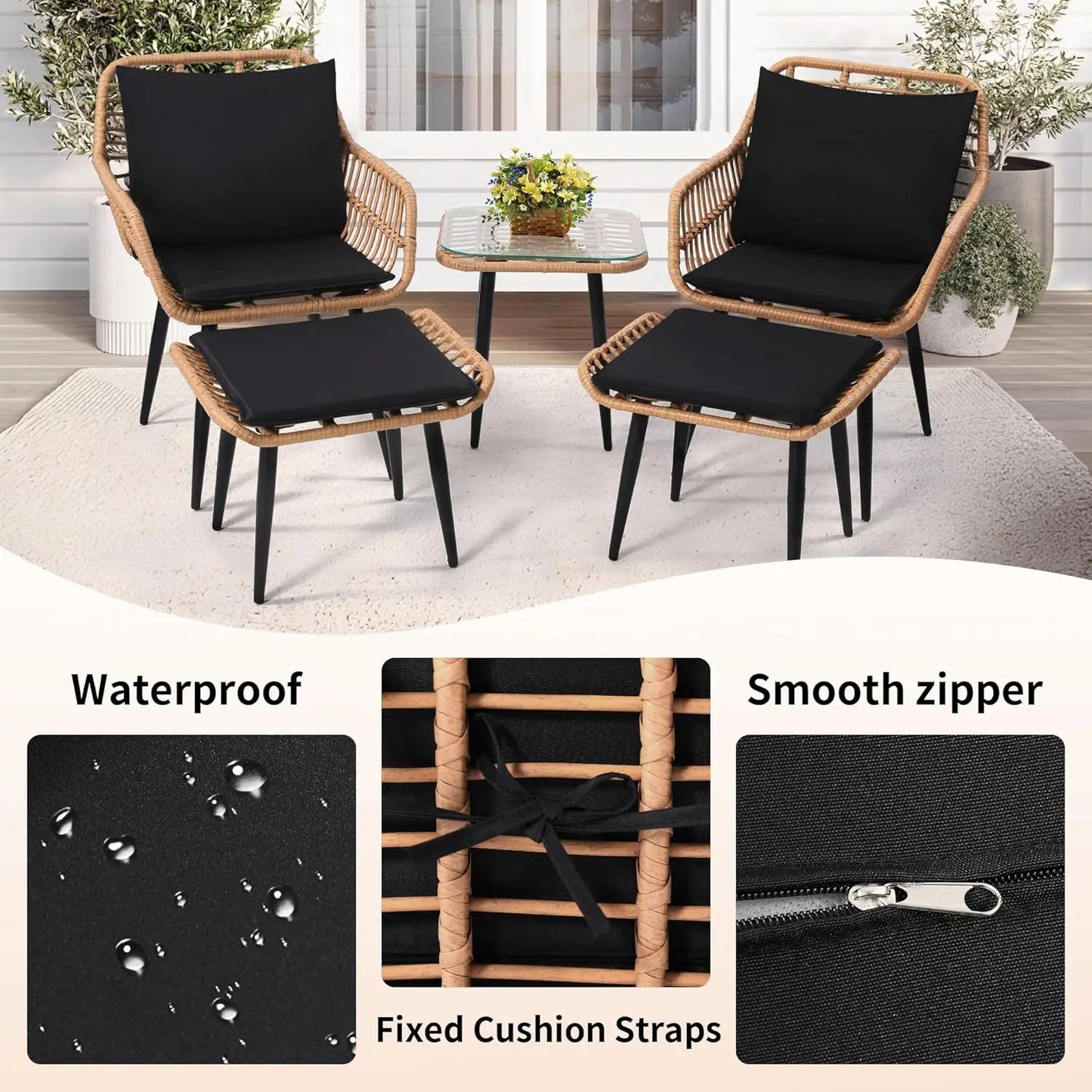 5 Piece Wicker Bistro Patio Conversation Furniture Set, Includes 2 Chairs, 2 Ottomans, and Side Table, Ideal for Porch, Balcony,