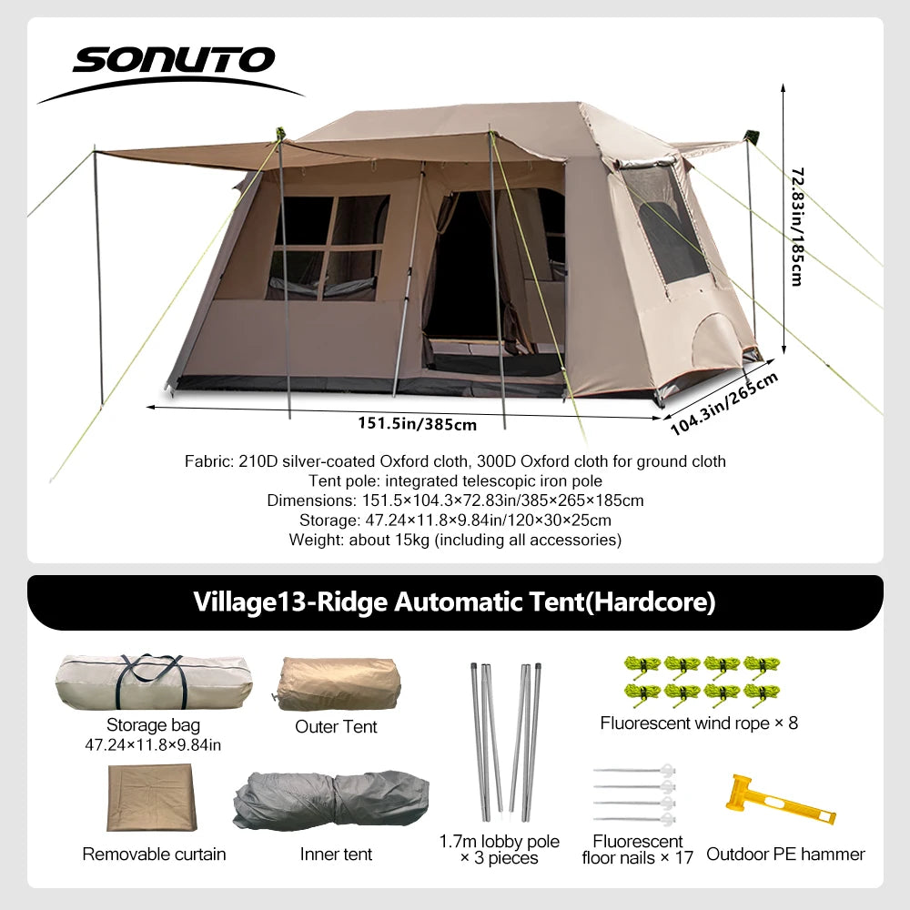 Sonuto Automatic Large Camping Tent 3-8 Person Quick Setup Double Hall Ridge Tent with Canopy for Outdoor Family Adventures