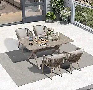 11 Pieces Patio Dining Set Wicker Outdoor Furniture Rectangular Table and Chairs Set for Garden Deck Teak-Finish Aluminum Frame