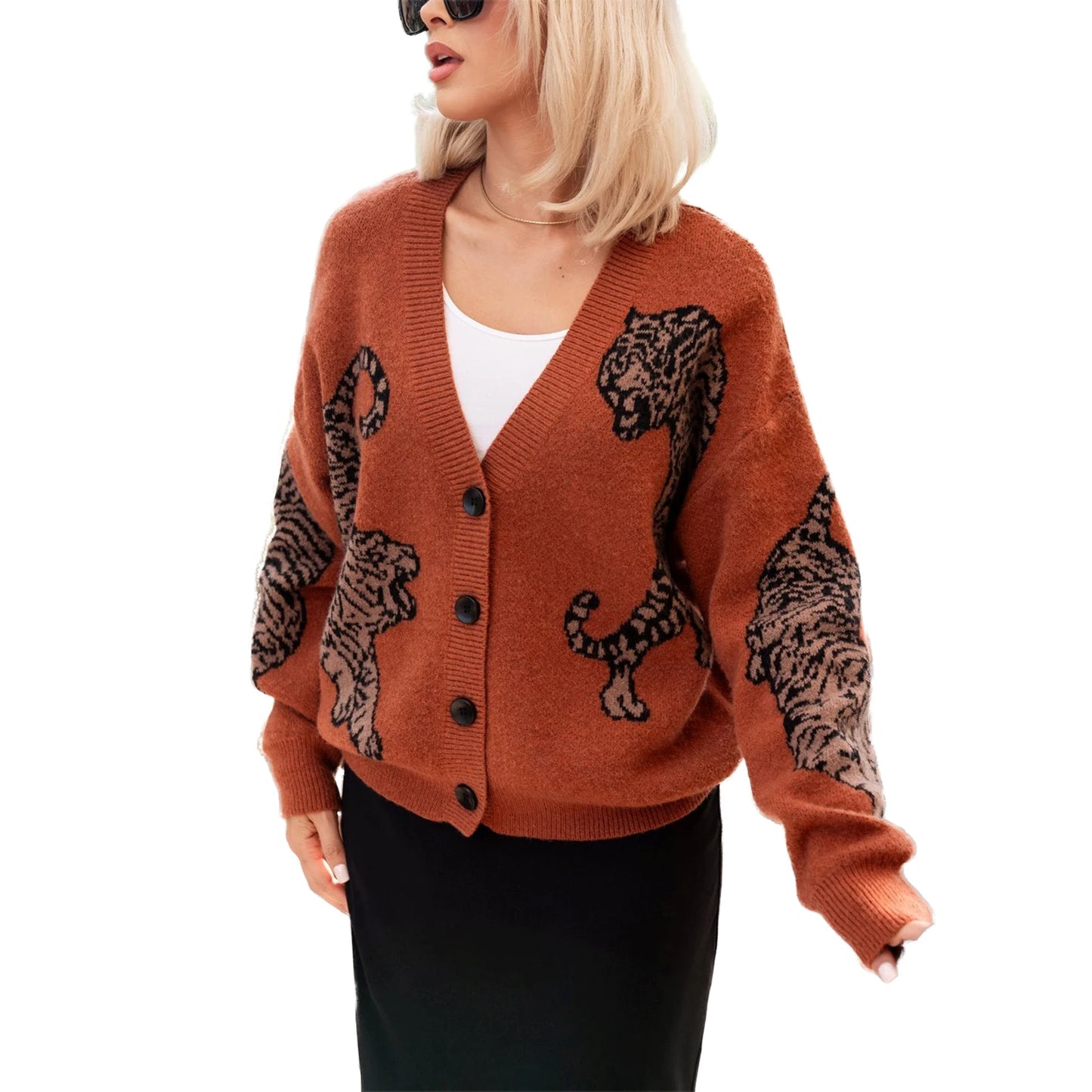 Women s Casual Lightweight Button Up Sweaters with Tiger Print Long Sleeves and Warm Knitwear for Fall Streetwear Fashion