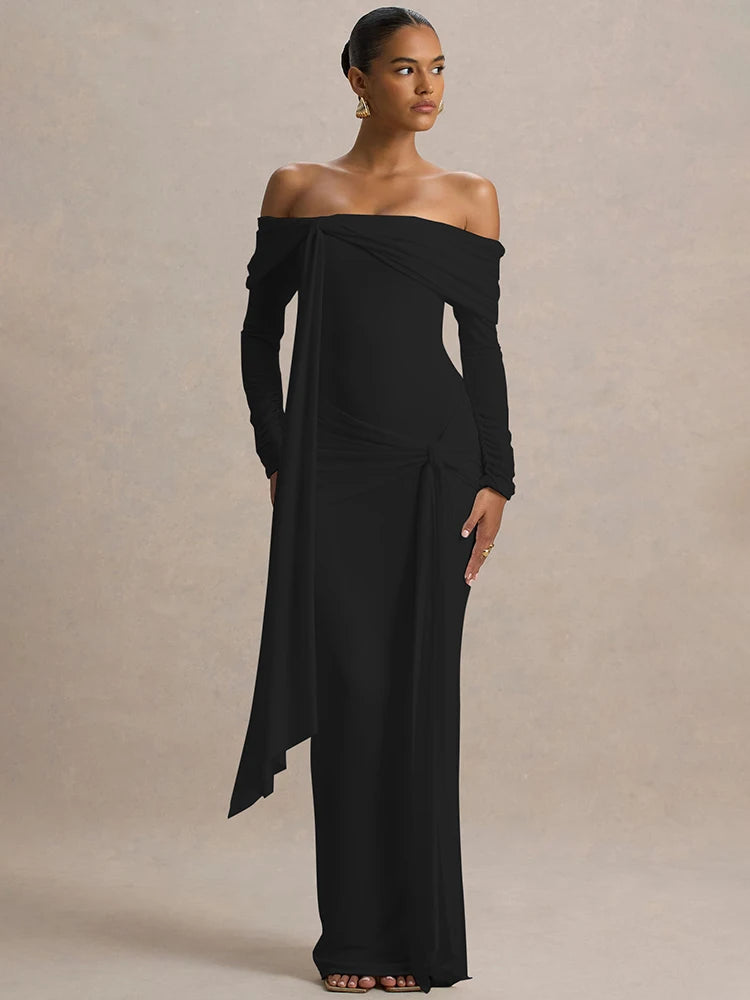 Mozision Off-shoulder Long Sleeve Sexy Maxi Dress Women Gown Autumn Fashion Strapless Backless Draped Ruched Club Long Dresses