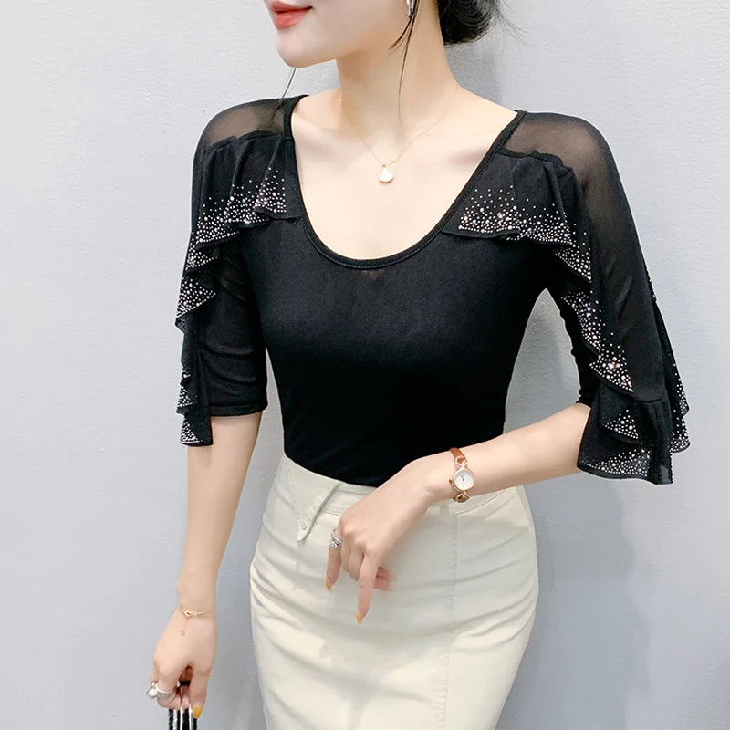 2025 Spring Summer Mesh Tops Korean Fashion Round Neck Patchwork Lotus Leaf Ruffles Shirt Hot Diamond Women T Shirt