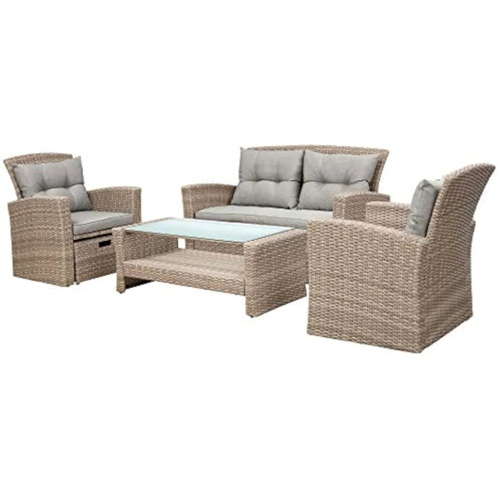4 Pieces Patio Furniture Sets, Wicker Rattan Furniture with Glass Coffee Table & Two Ottomans, Outdoor Sectional Patio Conversat