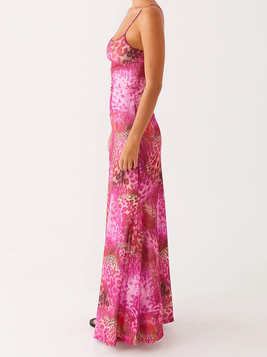 Women s Elegant Floral Print Sleeveless Maxi Dress with Fit Spaghetti Straps for Summer Beach Party Wear