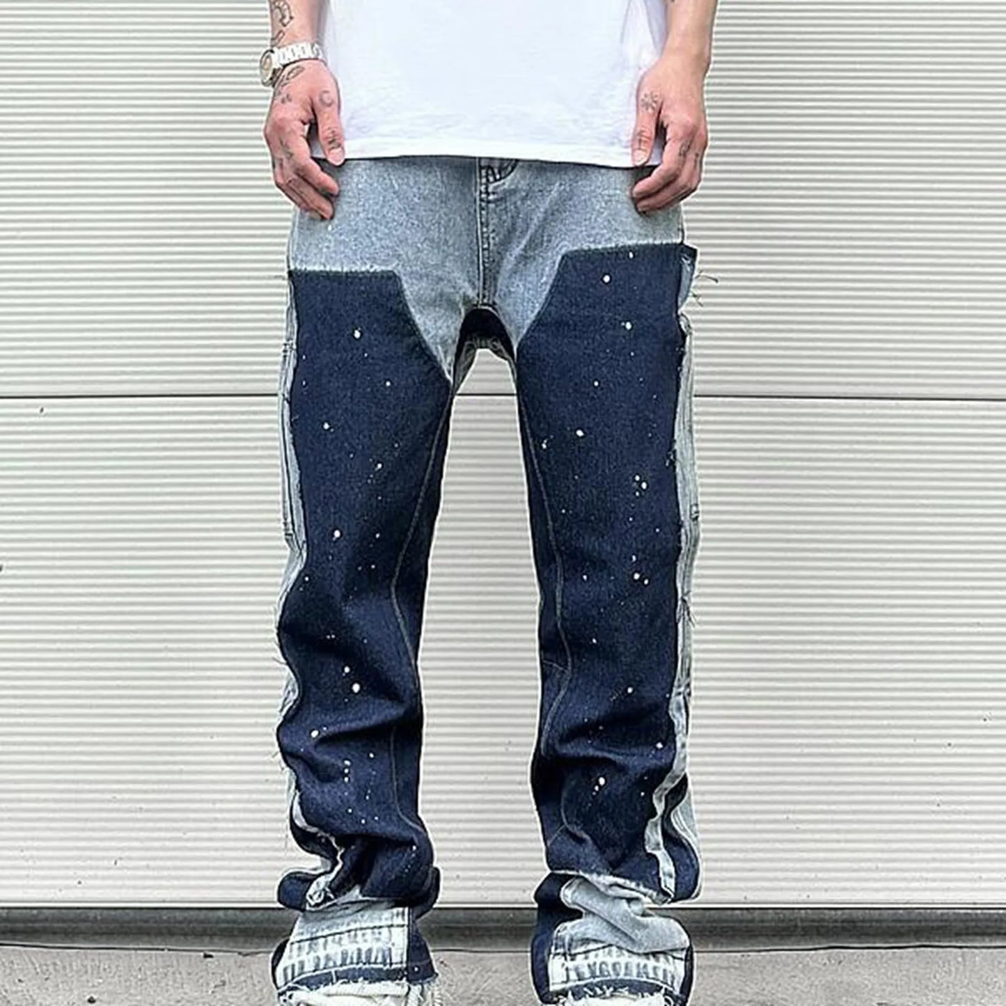 Korean Popular Clothes Y2k Old Wash Baggy Jeans Man‘S 2000s Casual Gothic Wide Pants Splicing Ink Street Micro Flare Denim Jeans