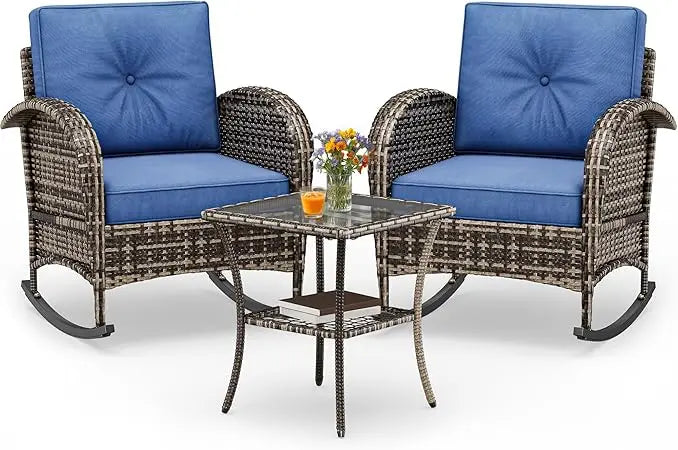 3-Piece Wicker Rocking Chair Set, Outdoor Patio Furniture Set with Plush Cushions, PE Rattan Bistro Set Including Side Table, D