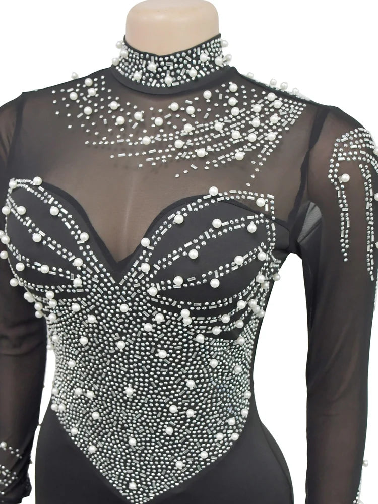 Beyprern Women's Crystal Embellished High Slit Long Maxi Dress Gown Glam Long Sleeve Diamonds Party Dress Celebrities Outfits