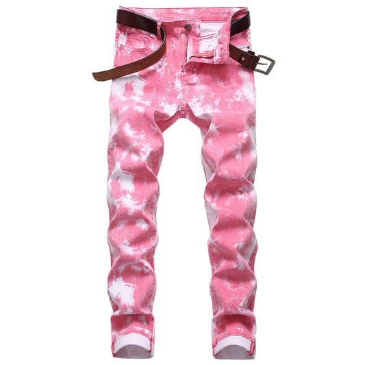 Peony Color Print Men's Stretch Skinny Jeans Premium Slim Fit Fashion Design Jeans 813-5