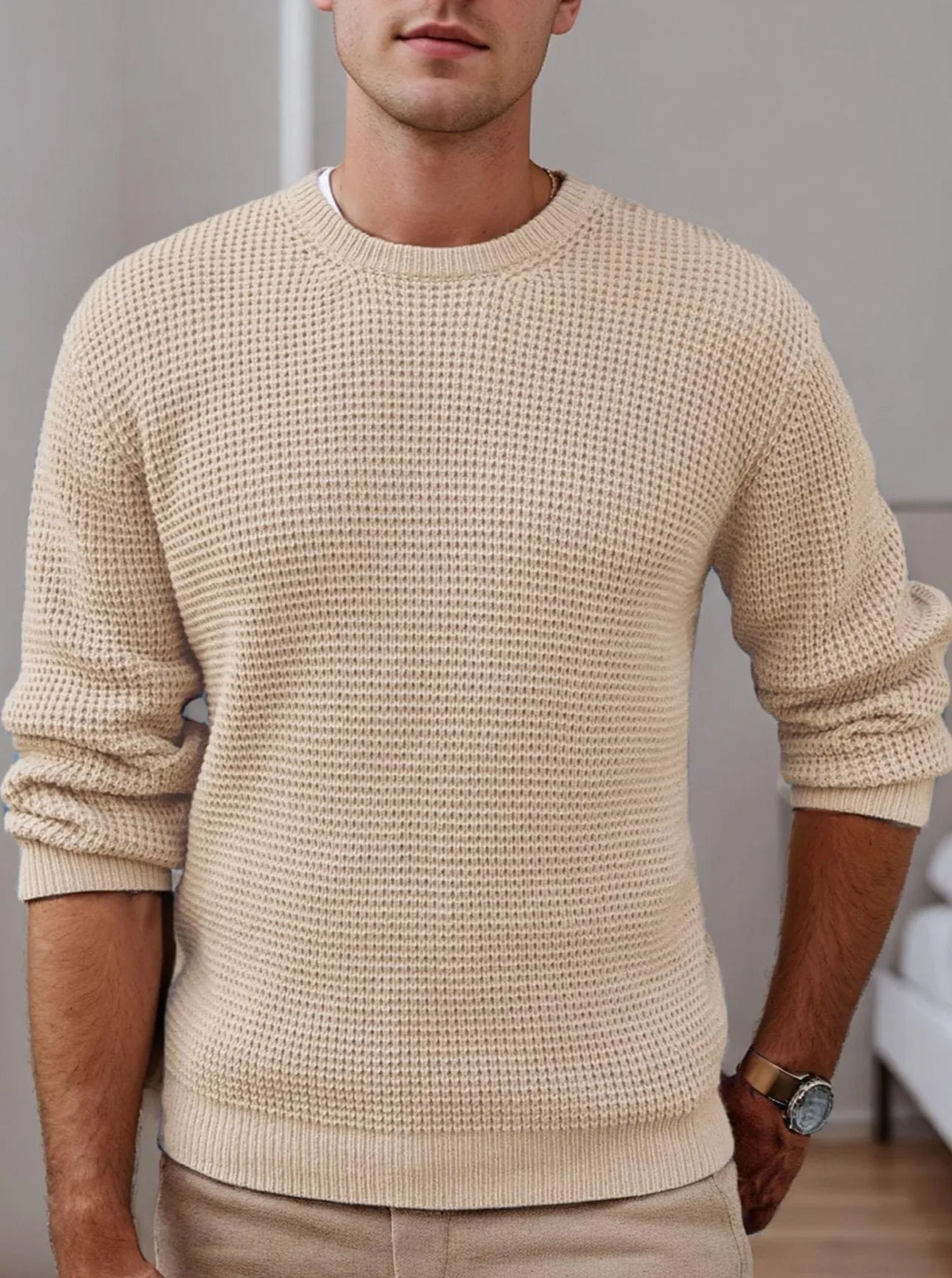 Men's Crewneck Waffle Texture Long Sleeve Knit Sweater