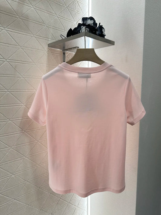 25 Spring/Summer New Women's Fashion High End Quality Round Neck Color blocked Knitted Short T-shirt for Women's Loose Top