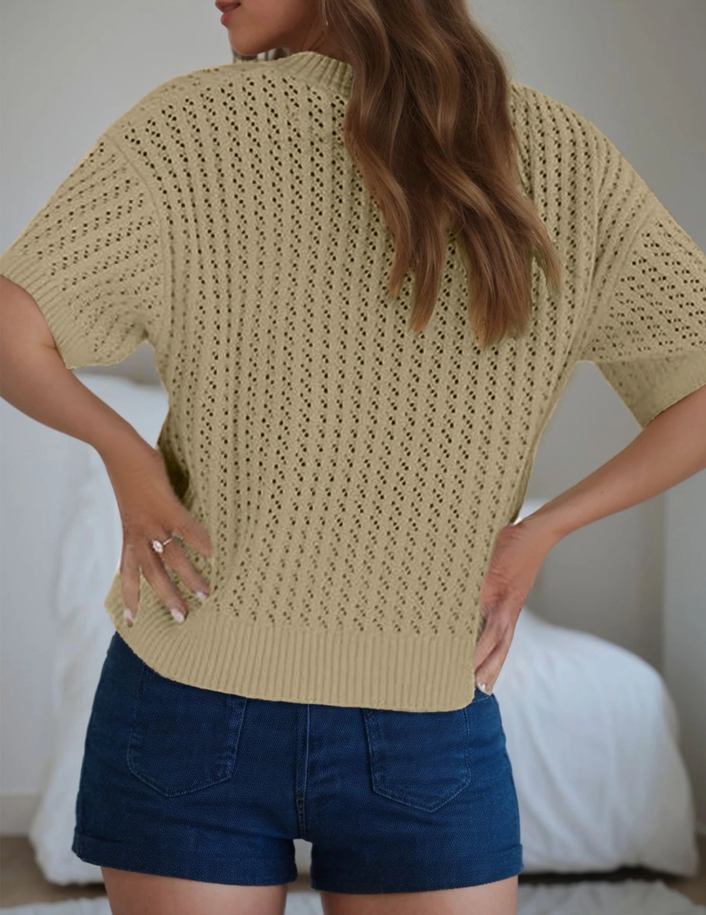 Fashion Tops Unique Design V-Neck Knitted Commuter Short-Sleeved T-Shirt Casual All-Match tops, Women's Clothing