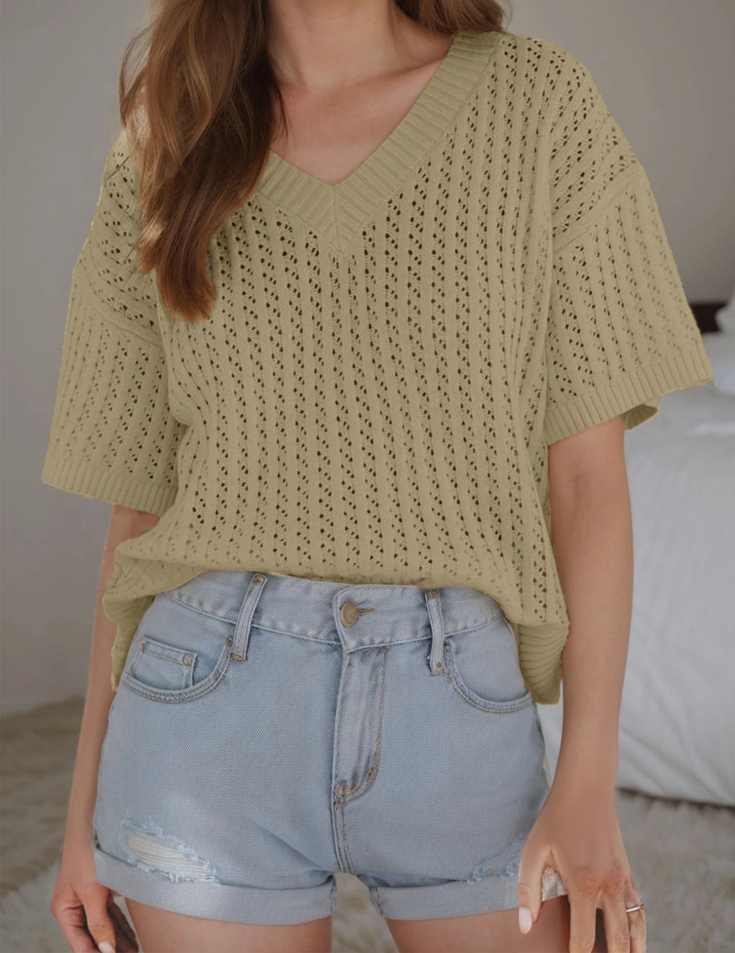 Fashion Tops Unique Design V-Neck Knitted Commuter Short-Sleeved T-Shirt Casual All-Match tops, Women's Clothing