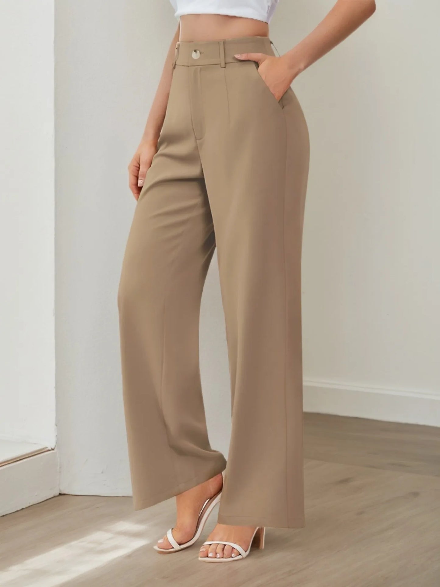 Wide Leg Pants High Waisted Capris Straight Long Trousers with Pockets   elegante  women clothes