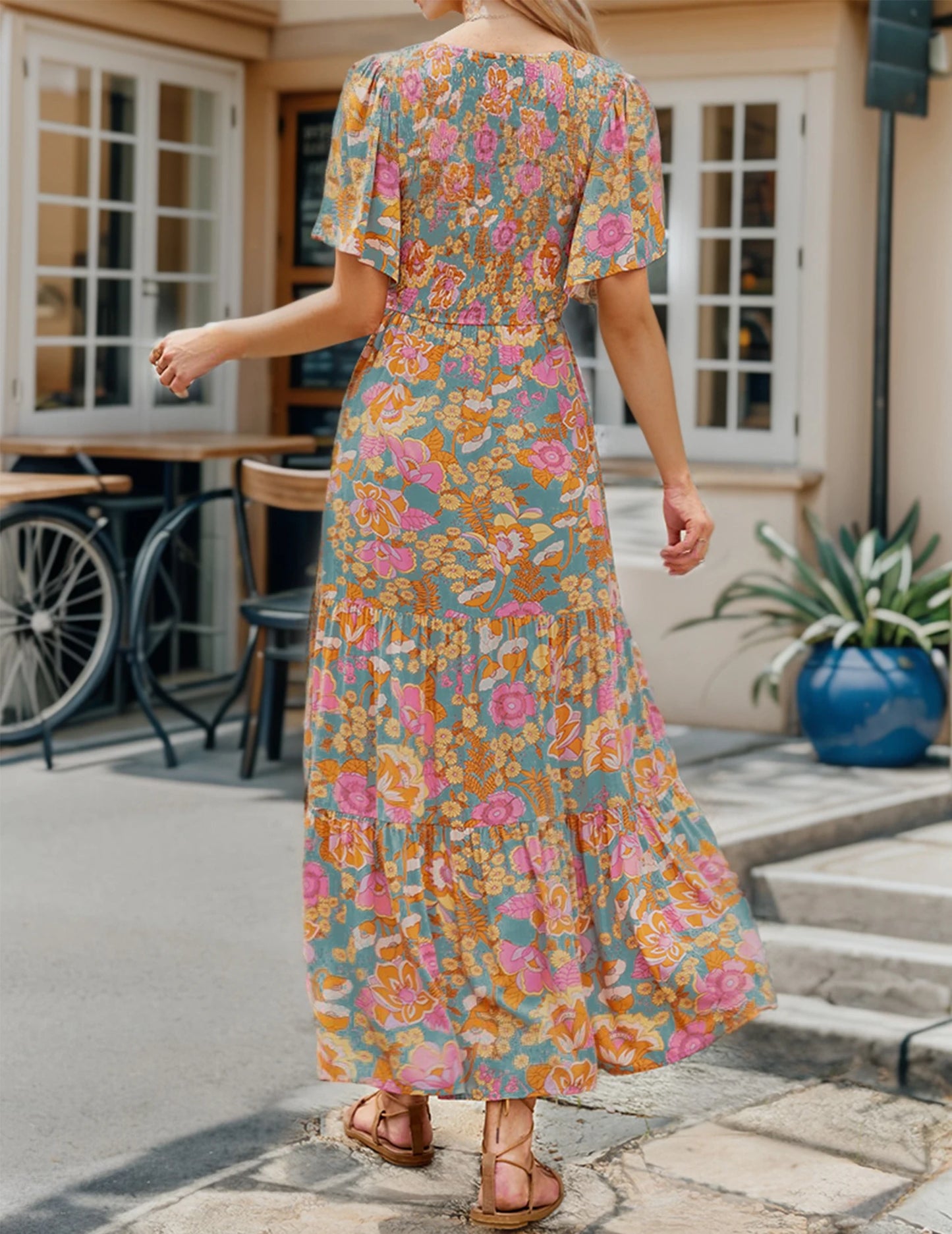 Casual Pastoral Style Floral Print Dress Long, Crewneck Short Sleeves High Waist Wide Ruffle Hem, Woman's Clothing