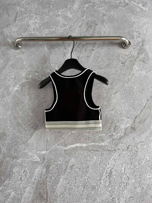 25 new women's clothes high quality sexy short embroidery contrast edge sleeveless vest navel-baring camisole top T-shirt