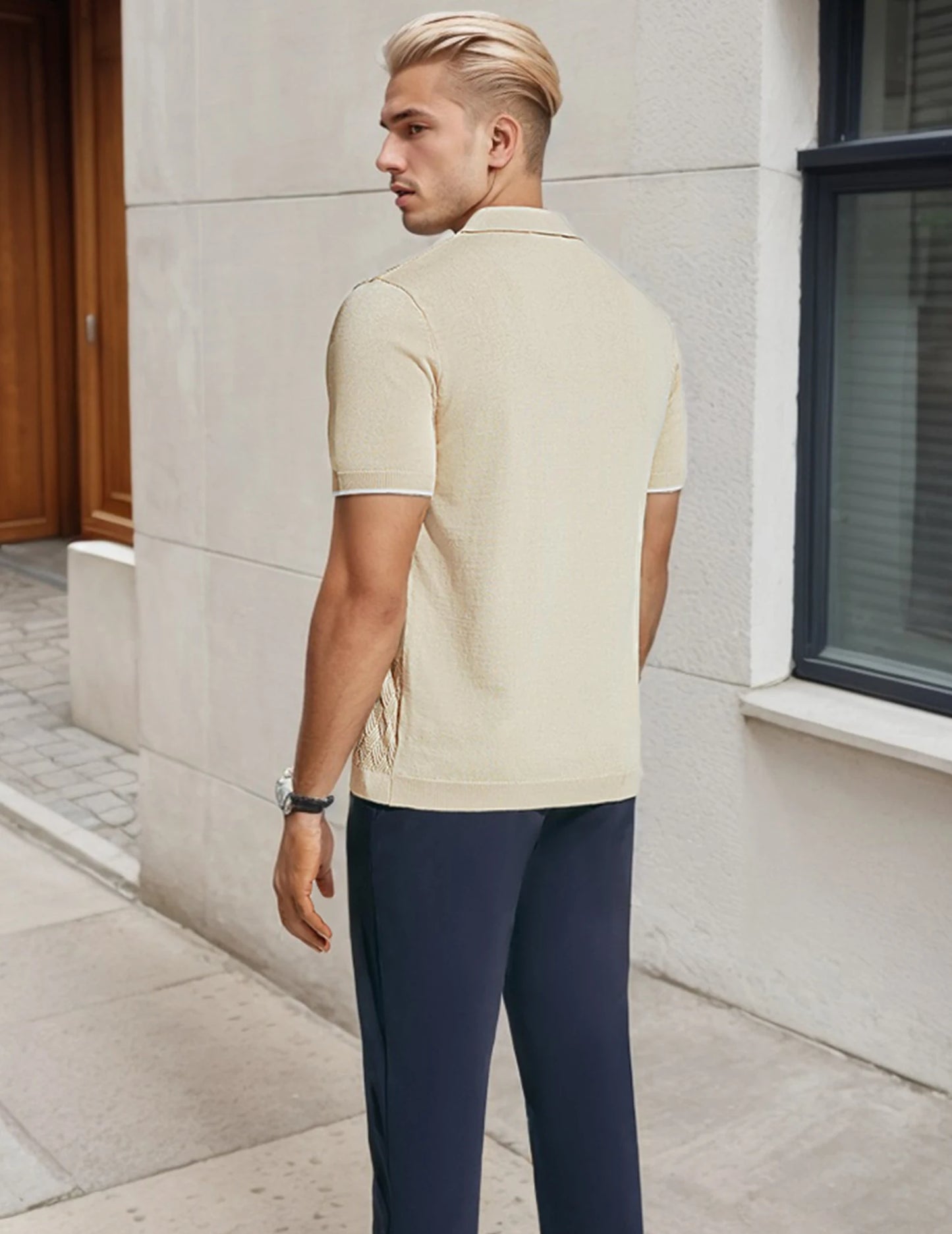 Men's Casual Short Sleeve Knit Textured Button Polo Shirt - Stylish and Breathable Design for Everyday Wear