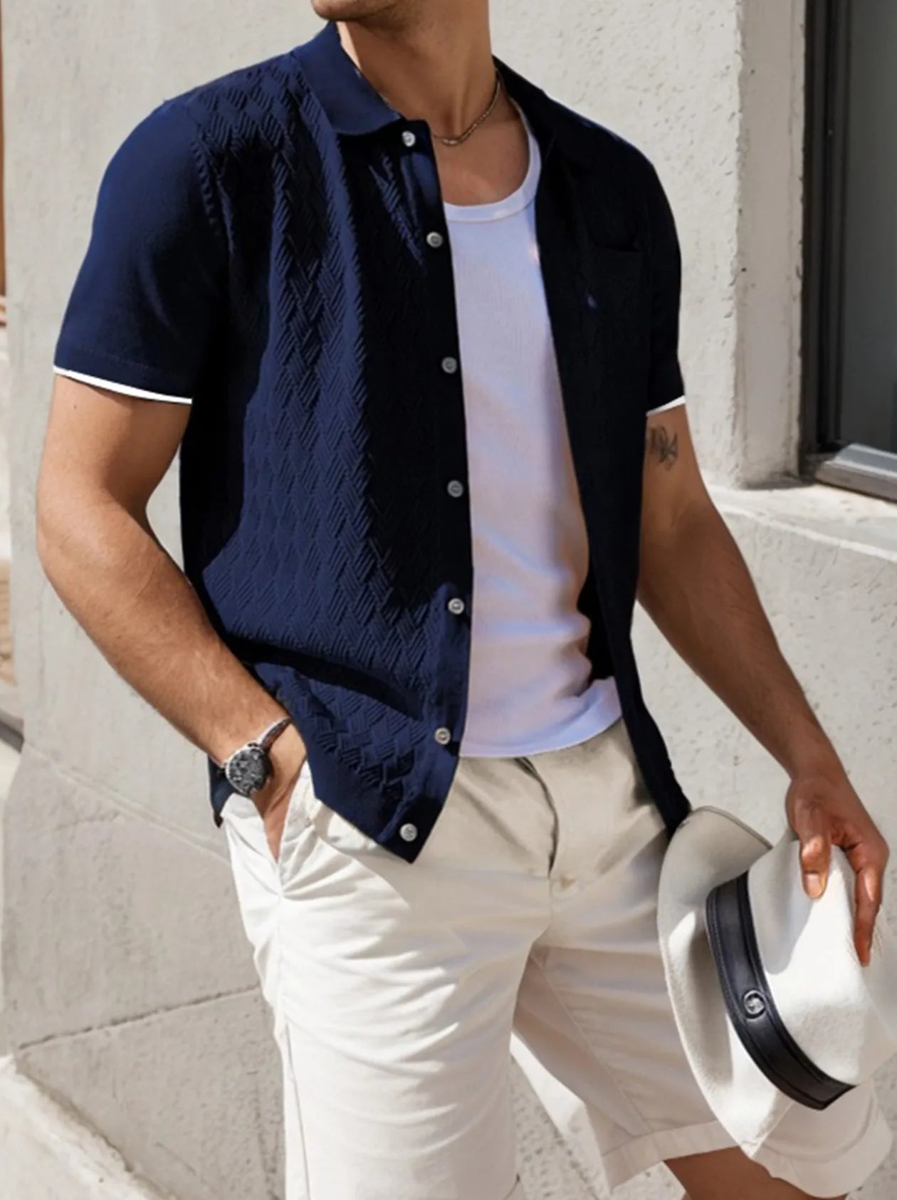 Men's Casual Short Sleeve Knit Textured Button Polo Shirt - Stylish and Breathable Design for Everyday Wear