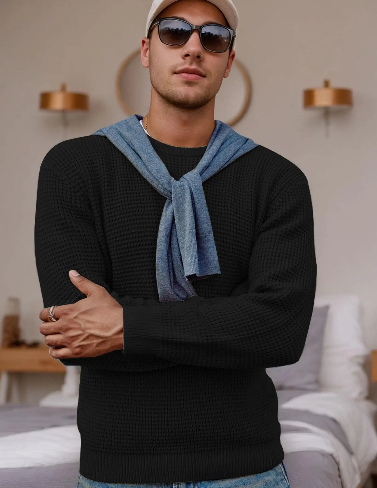 Men's Crewneck Waffle Texture Long Sleeve Knit Sweater