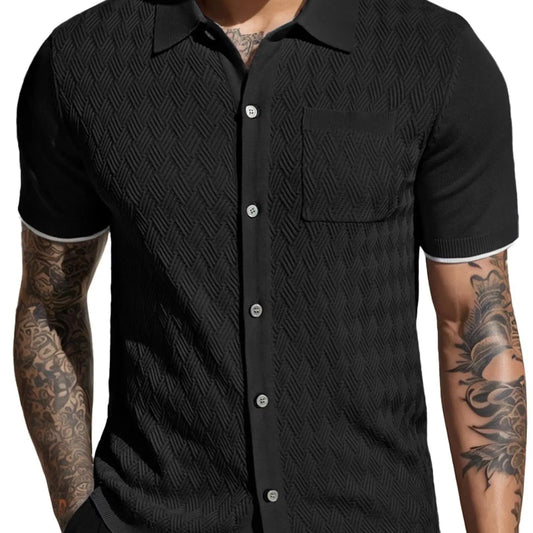 Men's Casual Short Sleeve Knit Textured Button Polo Shirt - Stylish and Breathable Design for Everyday Wear