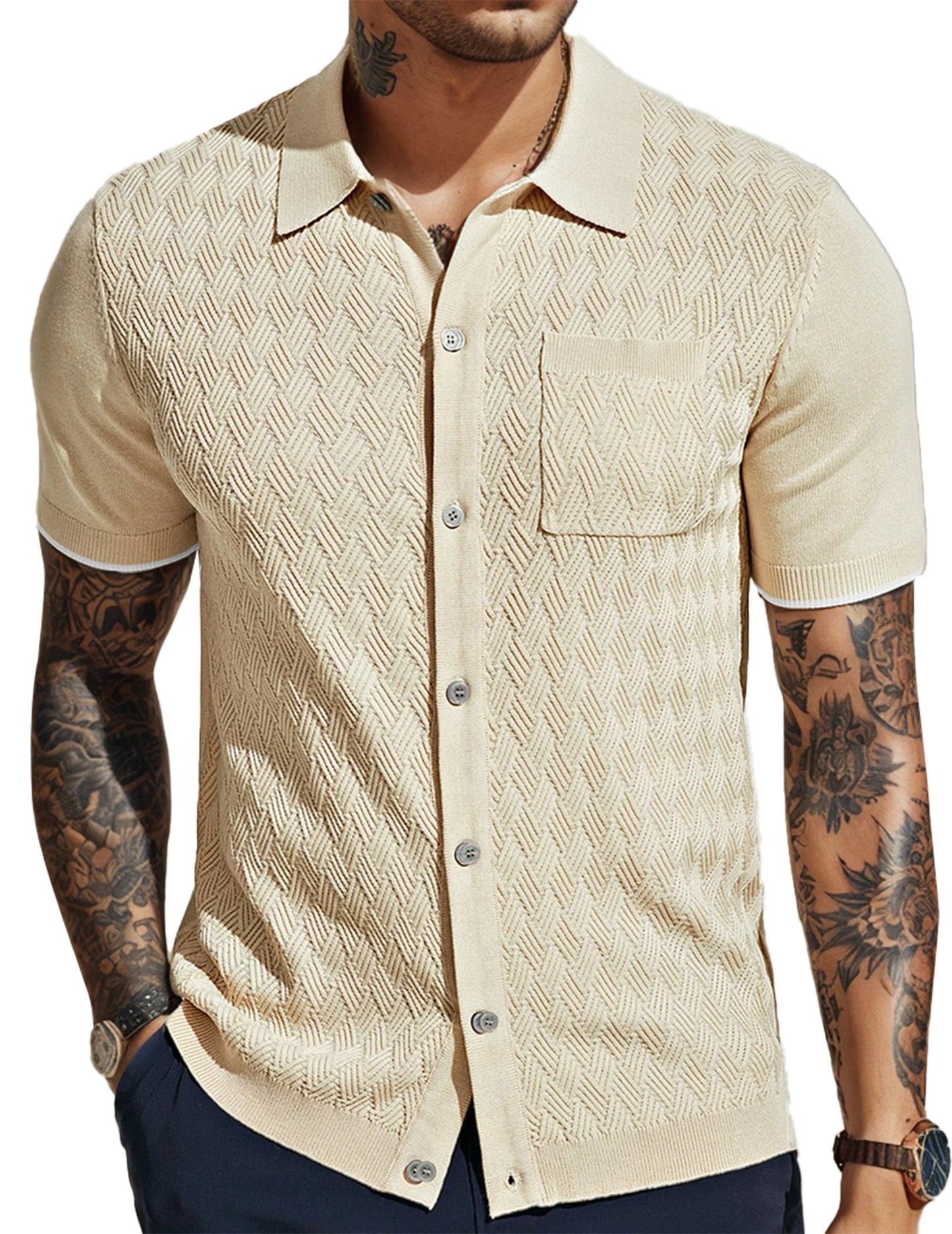Men's Casual Short Sleeve Knit Textured Button Polo Shirt - Stylish and Breathable Design for Everyday Wear