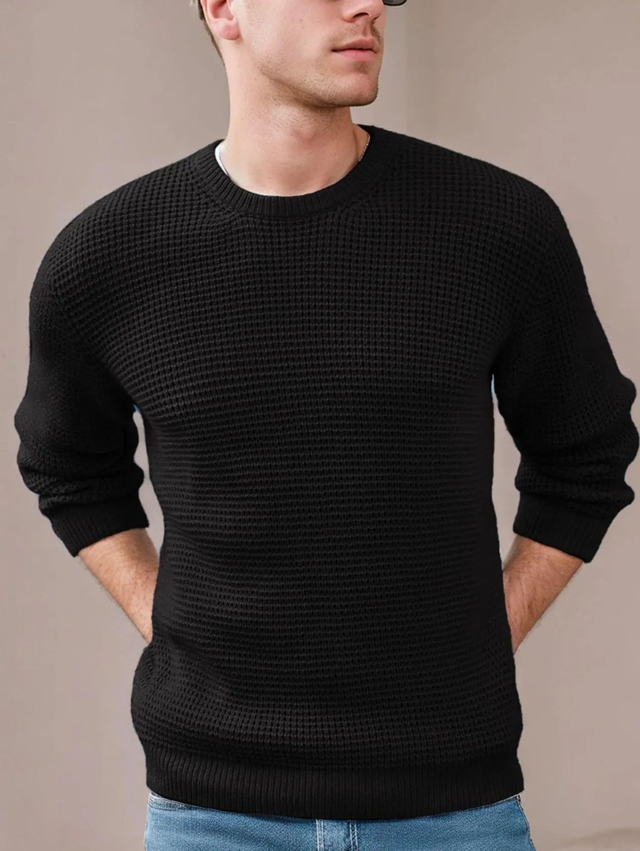 Men's Crewneck Waffle Texture Long Sleeve Knit Sweater