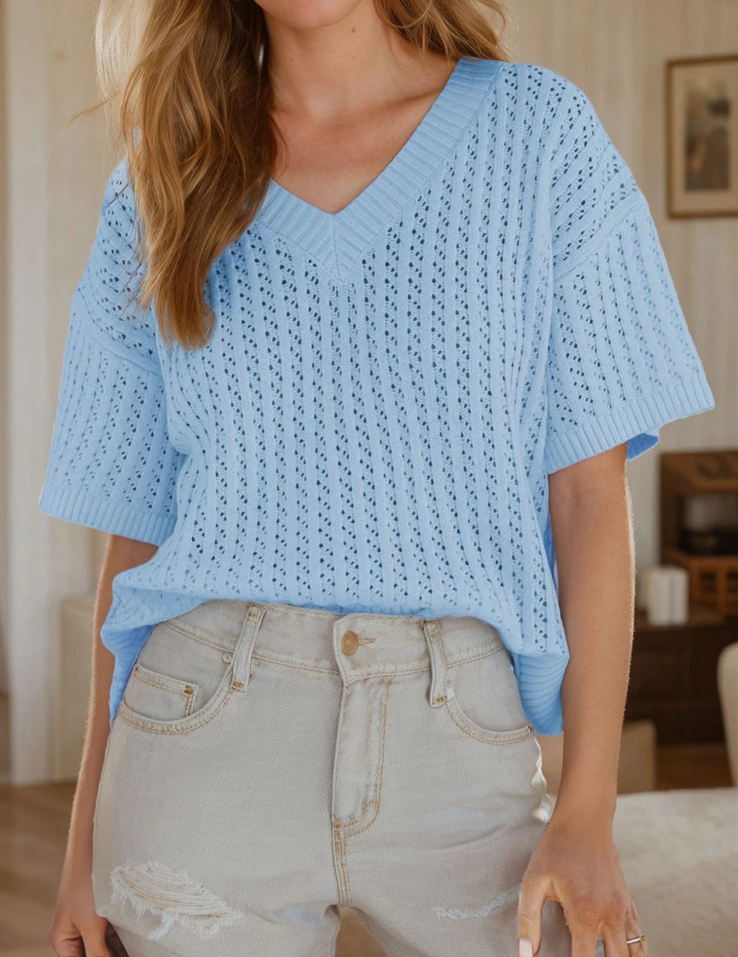 Fashion Tops Unique Design V-Neck Knitted Commuter Short-Sleeved T-Shirt Casual All-Match tops, Women's Clothing