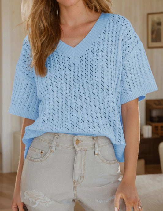 Fashion Tops Unique Design V-Neck Knitted Commuter Short-Sleeved T-Shirt Casual All-Match tops, Women's Clothing