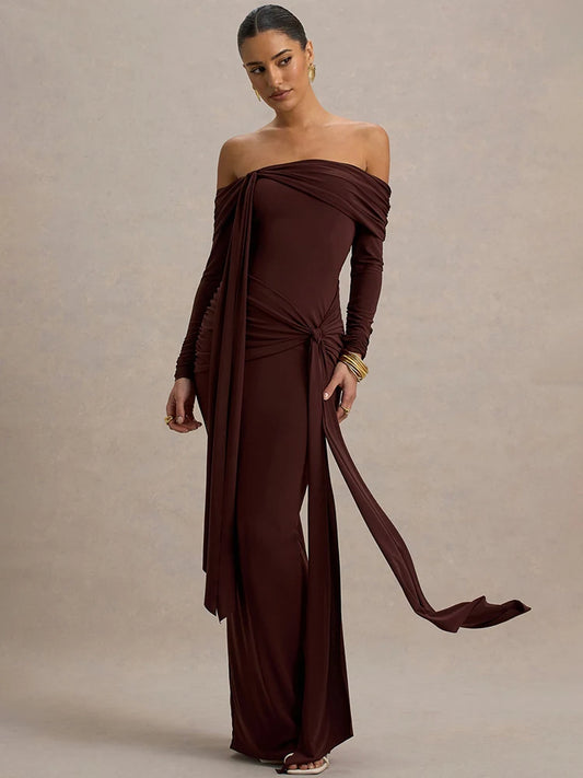 Mozision Off-shoulder Long Sleeve Sexy Maxi Dress Women Gown Autumn Fashion Strapless Backless Draped Ruched Club Long Dresses