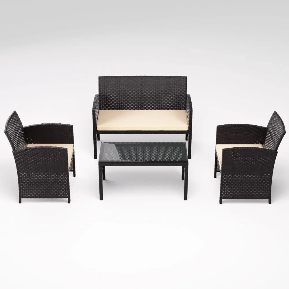 4 Pieces Patio Conversation Set Outdoor Rattan Patio Furniture Set Wicker Chairs with Soft Cushion and Glass Table for Pa
