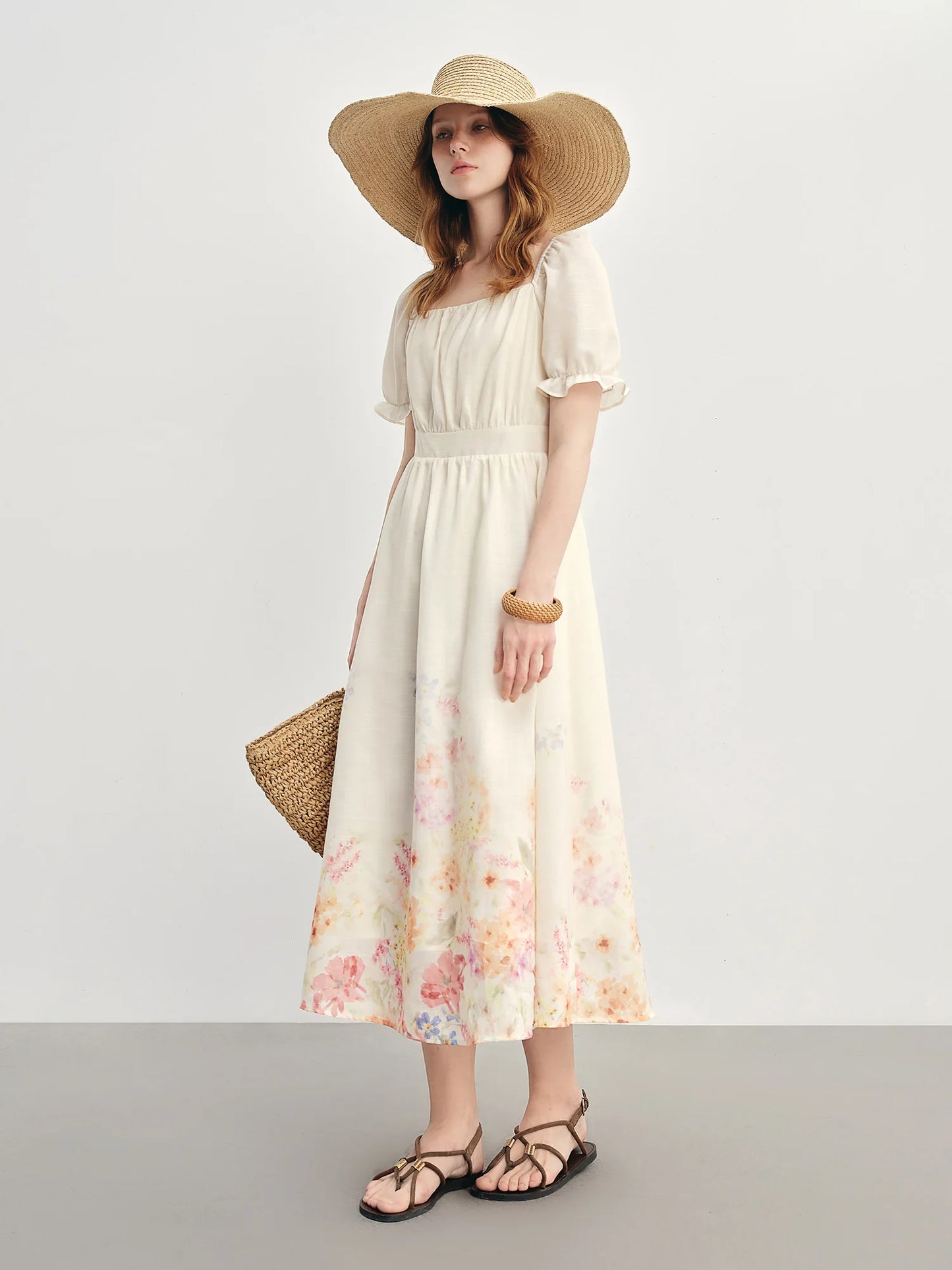 DUSHU Summer 2025 Textured Floral Dress - Regal Bubble Sleeve Fluid Silhouette Resort to Office