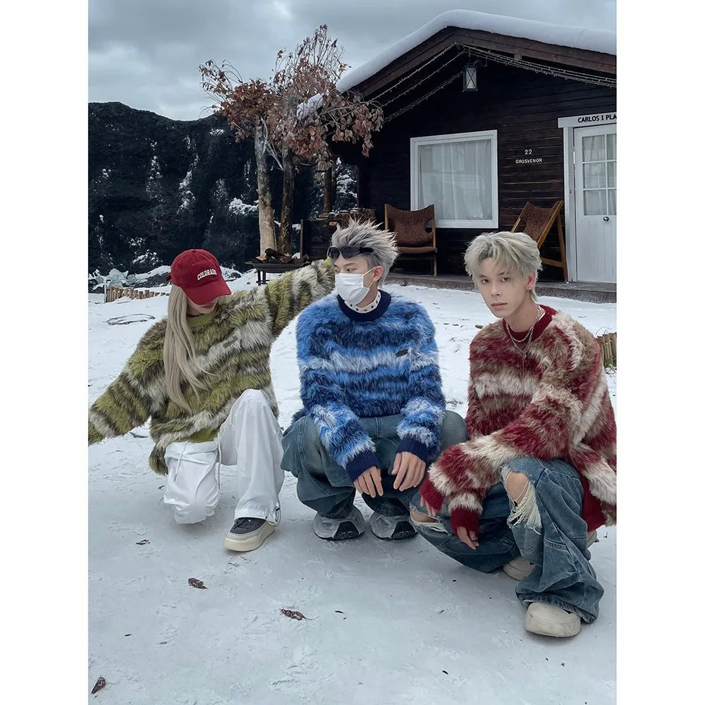 New Striped American Style Street Knitted Sweaters Top For Men Women Trendy Casual Couple Knitwear Sweater Clothing Men