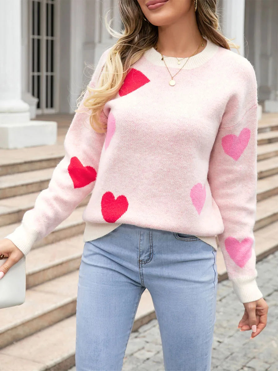 Women s Heart Print Sweaters Long Sleeve Round Neck Loose Pullovers Valentine’s Day Knit Tops