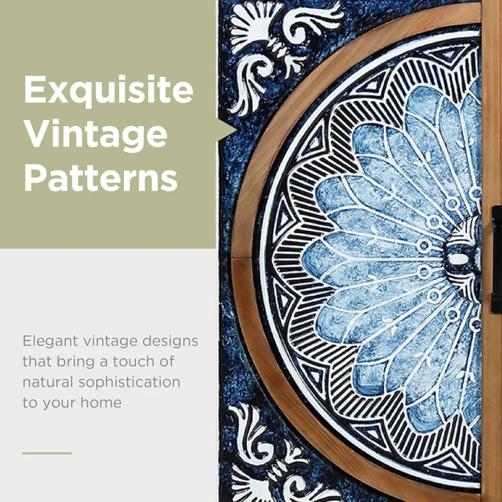 Popular 2-Door Accent Cabinet, Distressed Storage Cabinet with Blue and White Porcelain Pattern for Entryway Living Room