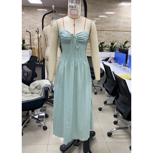 Combhasaki Women Pleated Long Dress Summer Sleeveless Thin Straps Tie-up Front Ruched Bust Backless Flowy Beach A-line Sundress